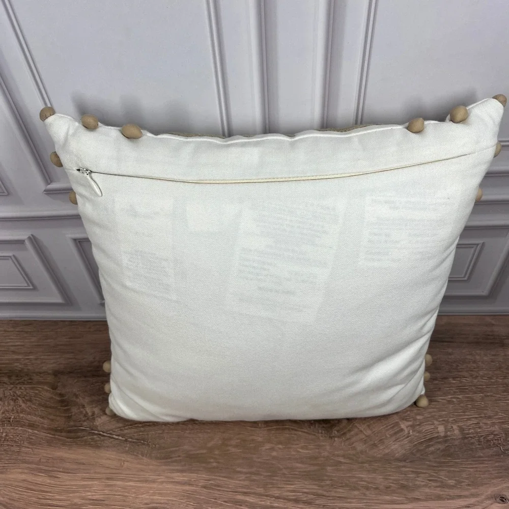 Pottery Barn Throw Pillow 12 x 12 White Tan Crewel Embroidered Pom-Pom Trim